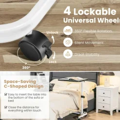 Tangkula Overbed Table with Wheels, Rolling Bedside Table with 9-Level Adjustable Height 29”-37”