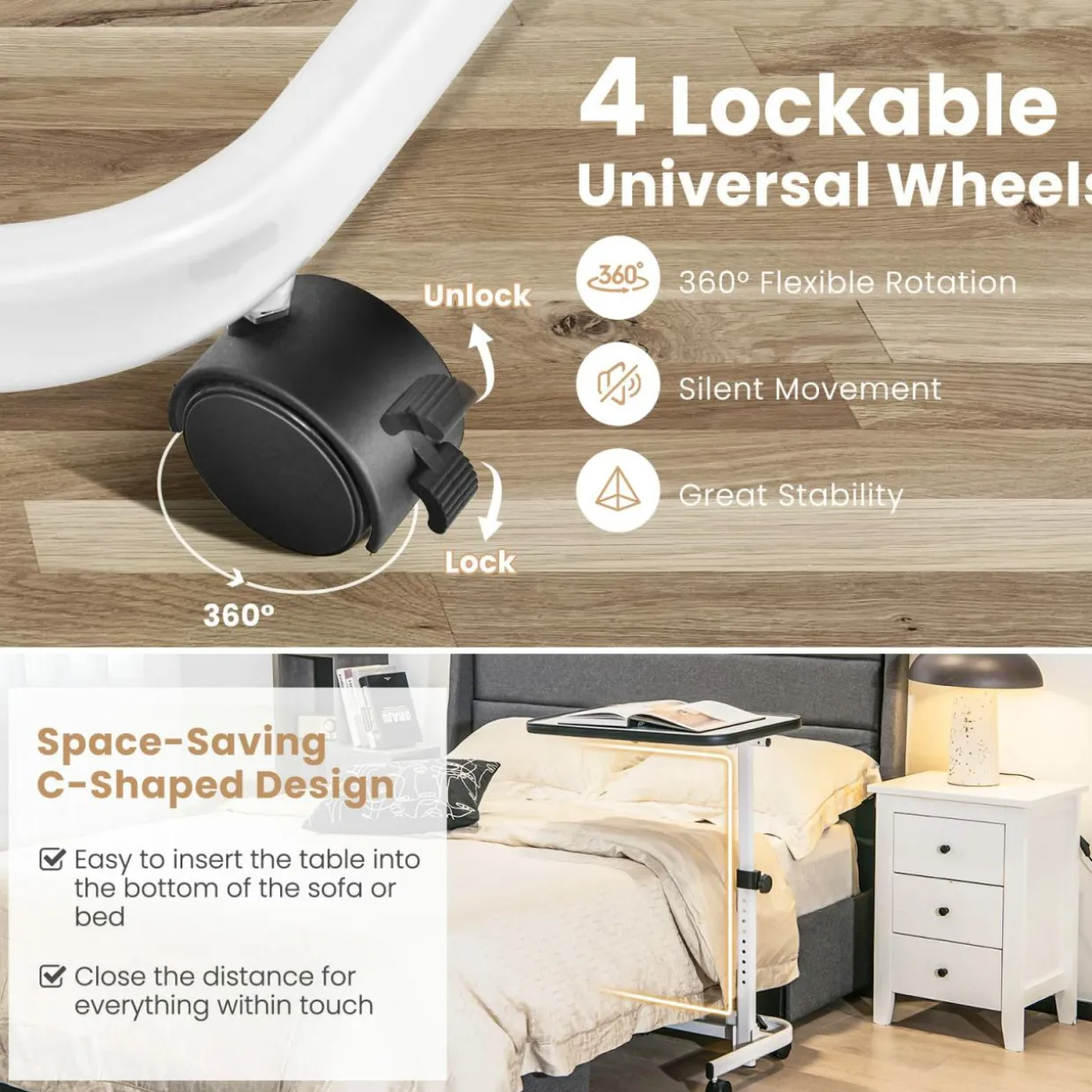 Tangkula Overbed Table with Wheels, Rolling Bedside Table with 9-Level Adjustable Height 29”-37”
