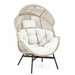 Tangkula Oversized Egg Style Chair, Wicker Stationary Patio Egg Chair w/Cushions & Headres