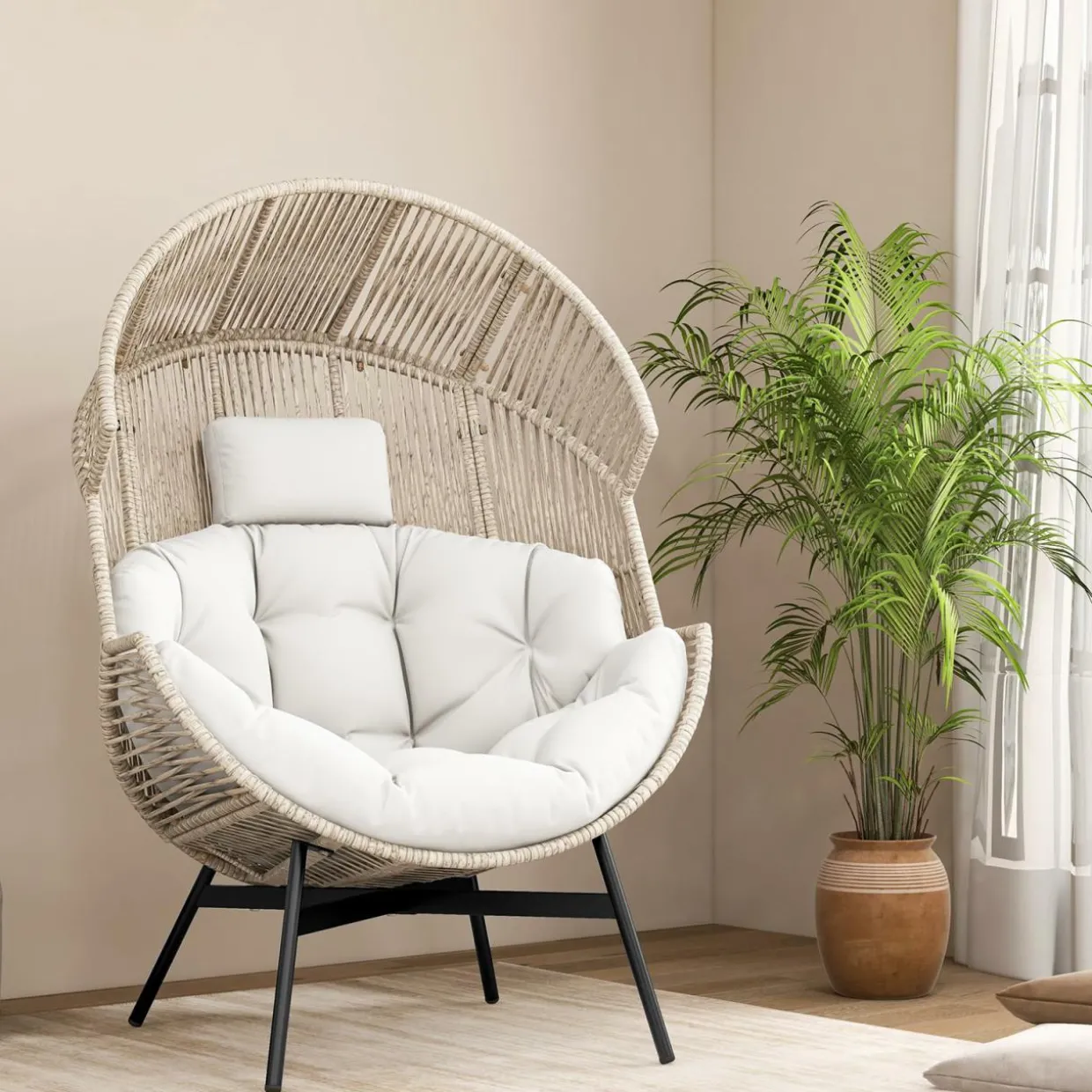Tangkula Oversized Egg Style Chair, Wicker Stationary Patio Egg Chair w/Cushions & Headres