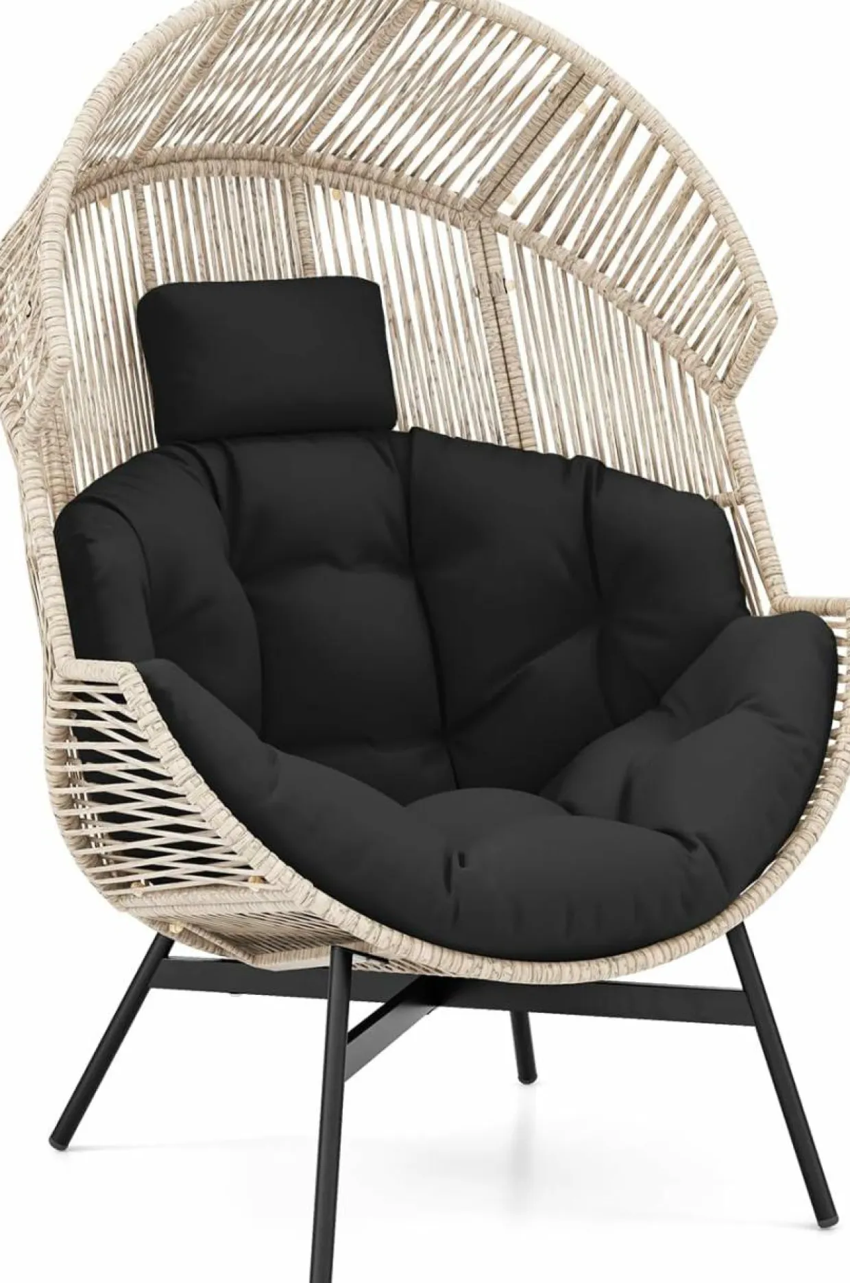Tangkula Oversized Egg Style Chair, Wicker Stationary Patio Egg Chair w/Cushions & Headres