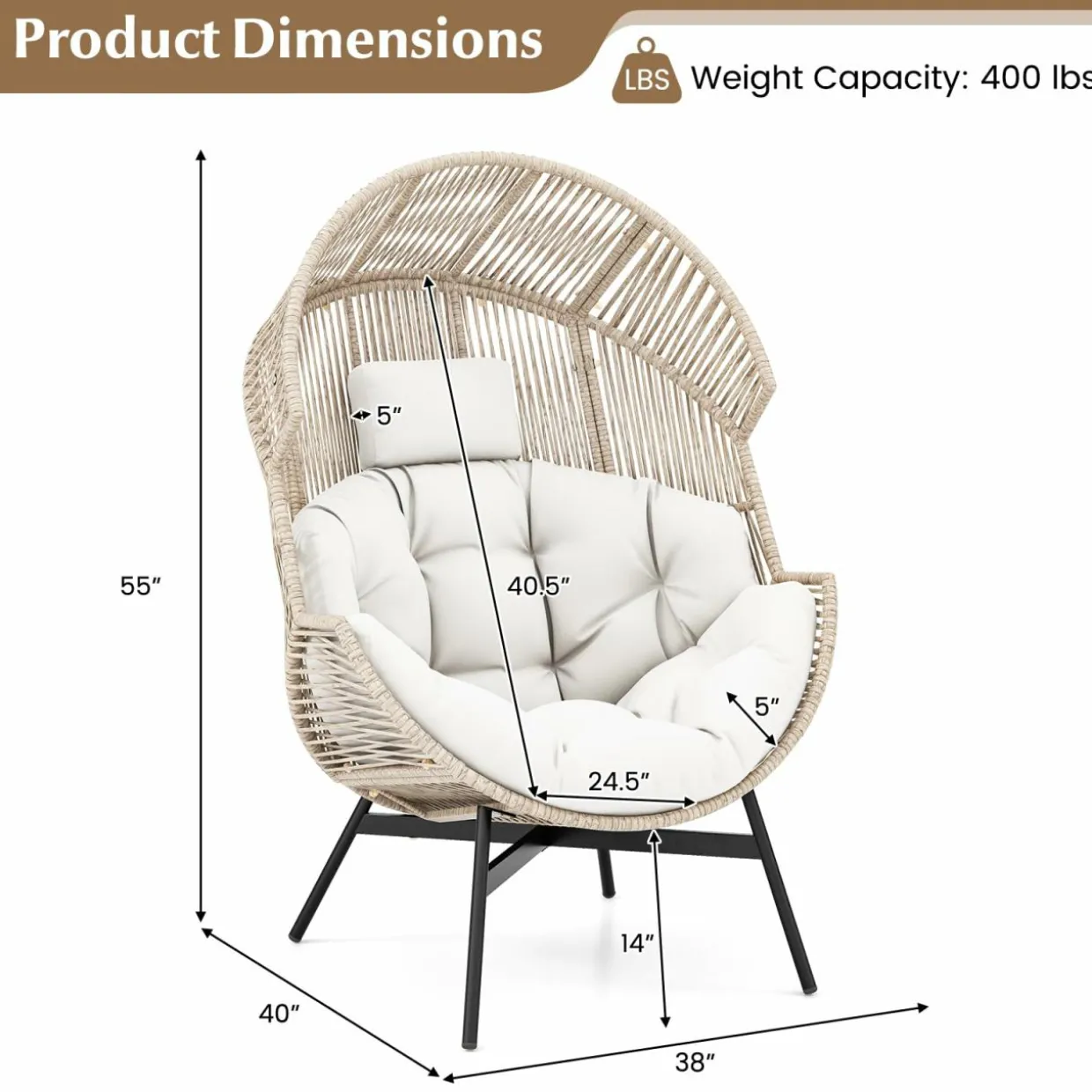 Tangkula Oversized Egg Style Chair, Wicker Stationary Patio Egg Chair w/Cushions & Headres