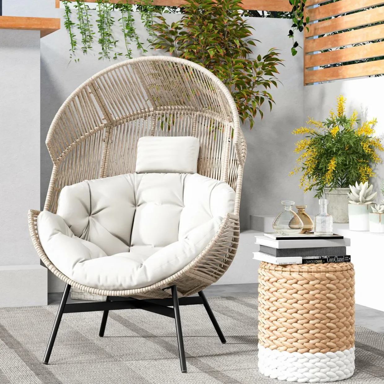 Tangkula Oversized Egg Style Chair, Wicker Stationary Patio Egg Chair w/Cushions & Headres