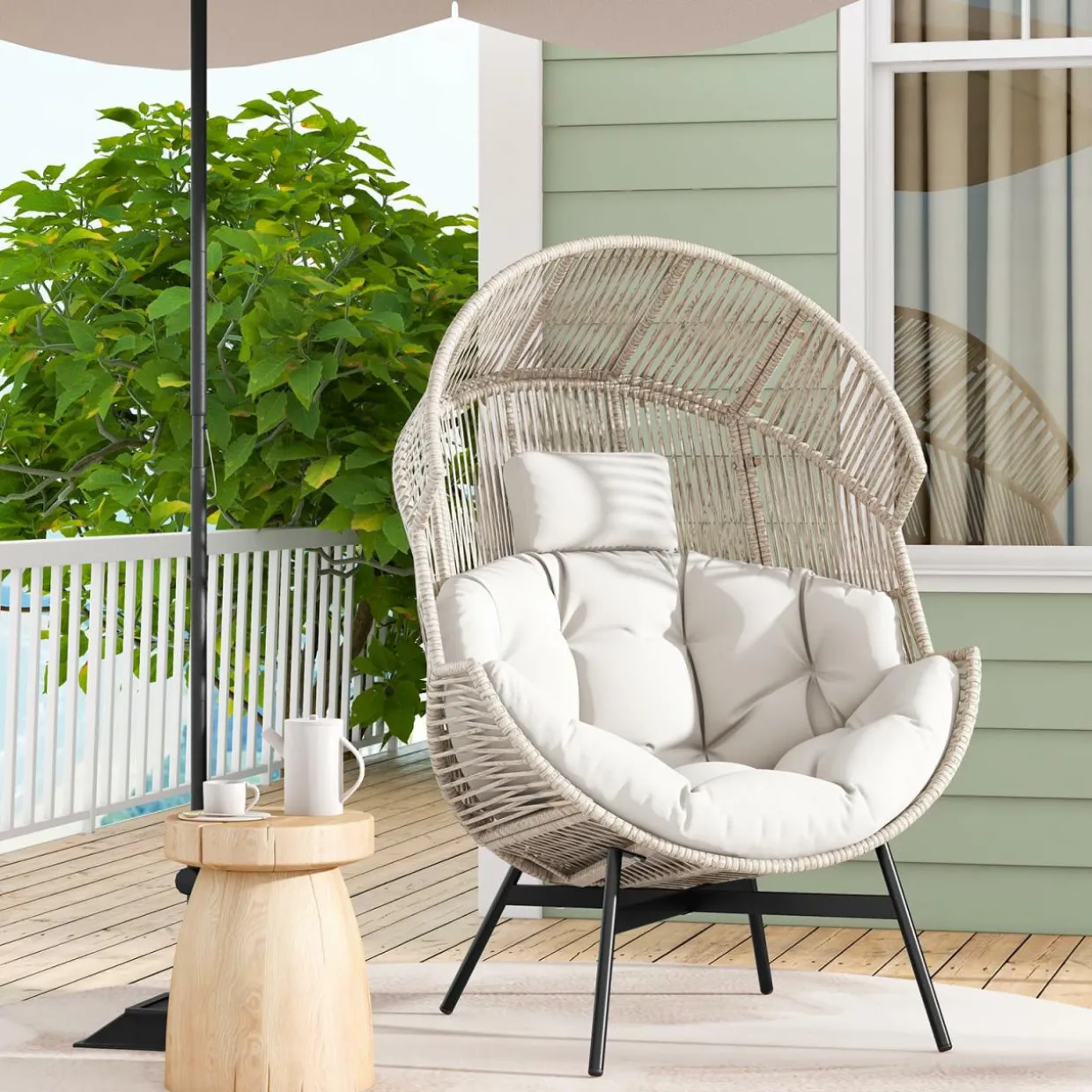 Tangkula Oversized Egg Style Chair, Wicker Stationary Patio Egg Chair w/Cushions & Headres