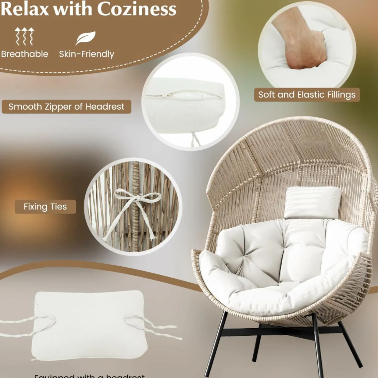Tangkula Oversized Egg Style Chair, Wicker Stationary Patio Egg Chair w/Cushions & Headres
