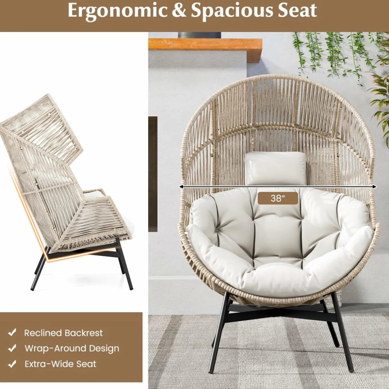 Tangkula Oversized Egg Style Chair, Wicker Stationary Patio Egg Chair w/Cushions & Headres