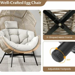 Tangkula Oversized Egg Style Chair, Wicker Stationary Patio Egg Chair w/Cushions & Headres