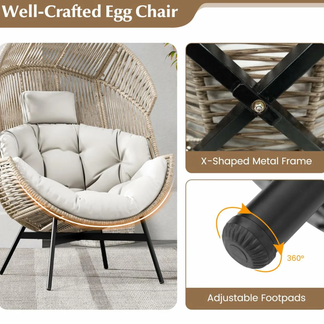 Tangkula Oversized Egg Style Chair, Wicker Stationary Patio Egg Chair w/Cushions & Headres