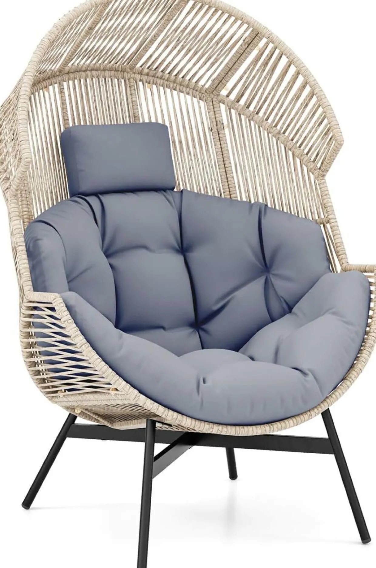 Tangkula Oversized Egg Style Chair, Wicker Stationary Patio Egg Chair w/Cushions & Headres