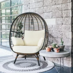 Tangkula Oversized Wicker Egg Chair, Wicker Patio Basket Circle Lounge Chair w/Metal Stand & 4 Thick Cushions, 450 LBS Max Load