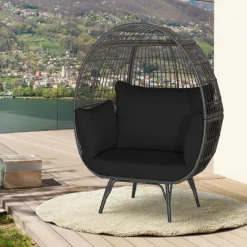 Tangkula Oversized Wicker Egg Chair, Wicker Patio Basket Circle Lounge Chair w/Metal Stand & 4 Thick Cushions, 450 LBS Max Load