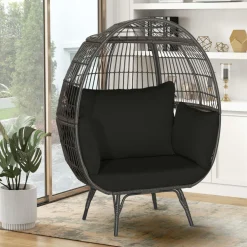 Tangkula Oversized Wicker Egg Chair, Wicker Patio Basket Circle Lounge Chair w/Metal Stand & 4 Thick Cushions, 450 LBS Max Load