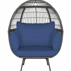 Tangkula Oversized Wicker Egg Chair, Wicker Patio Basket Circle Lounge Chair w/Metal Stand & 4 Thick Cushions, 450 LBS Max Load