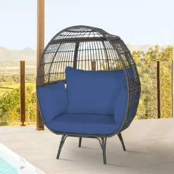 Tangkula Oversized Wicker Egg Chair, Wicker Patio Basket Circle Lounge Chair w/Metal Stand & 4 Thick Cushions, 450 LBS Max Load