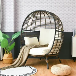 Tangkula Oversized Wicker Egg Chair, Wicker Patio Basket Circle Lounge Chair w/Metal Stand & 4 Thick Cushions, 450 LBS Max Load