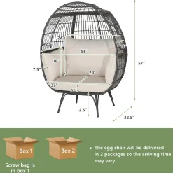 Tangkula Oversized Wicker Egg Chair, Wicker Patio Basket Circle Lounge Chair w/Metal Stand & 4 Thick Cushions, 450 LBS Max Load