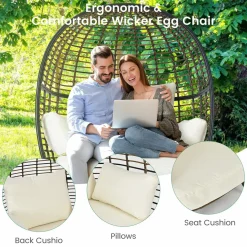 Tangkula Oversized Wicker Egg Chair, Wicker Patio Basket Circle Lounge Chair w/Metal Stand & 4 Thick Cushions, 450 LBS Max Load