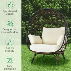 Tangkula Oversized Wicker Egg Chair, Wicker Patio Basket Circle Lounge Chair w/Metal Stand & 4 Thick Cushions, 450 LBS Max Load