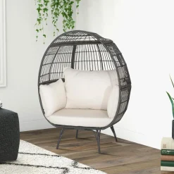 Tangkula Oversized Wicker Egg Chair, Wicker Patio Basket Circle Lounge Chair w/Metal Stand & 4 Thick Cushions, 450 LBS Max Load