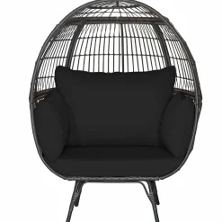 Tangkula Oversized Wicker Egg Chair, Wicker Patio Basket Circle Lounge Chair w/Metal Stand & 4 Thick Cushions, 450 LBS Max Load
