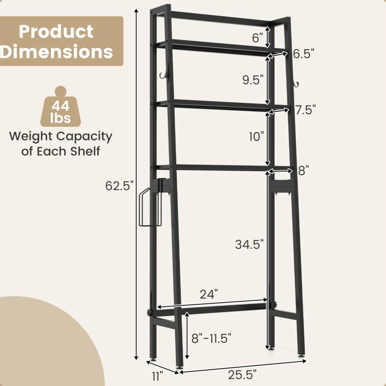 Tangkula Over-The-Toilet Storage Rack, 3-Tier Freestanding Bathroom Space Saver Shelf w/ 2 Hanging Hooks