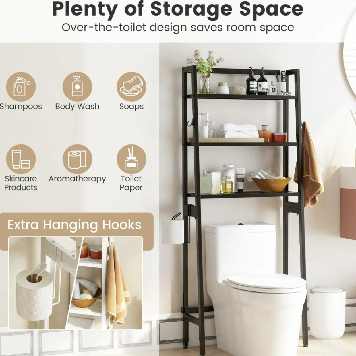 Tangkula Over-The-Toilet Storage Rack, 3-Tier Freestanding Bathroom Space Saver Shelf w/ 2 Hanging Hooks