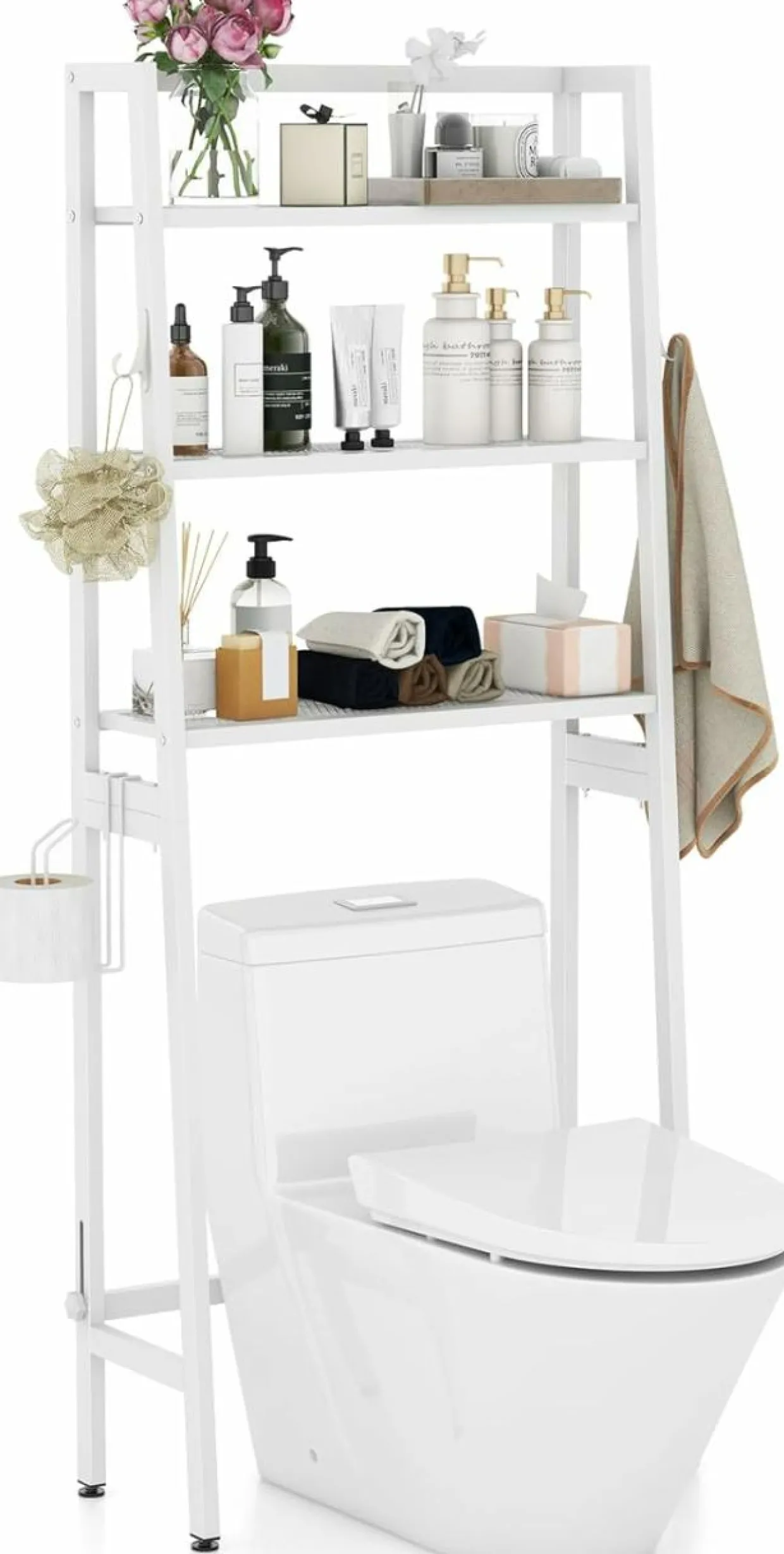 Tangkula Over-The-Toilet Storage Rack, 3-Tier Freestanding Bathroom Space Saver Shelf w/ 2 Hanging Hooks