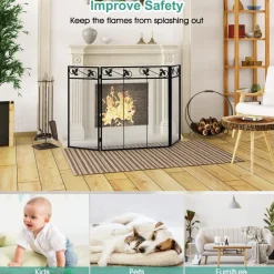 Tangkula 3-Panel Fireplace Screen, Folding Decorative Spark Guard with Exquisite Pattern for Baby & Pets