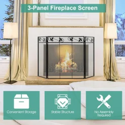 Tangkula 3-Panel Fireplace Screen, Folding Decorative Spark Guard with Exquisite Pattern for Baby & Pets