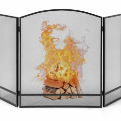 Tangkula 3-Panel Folding Fireplace Screen, Wrought Iron Spark Guard Fence, 48.5