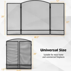 Tangkula 3-Panel Folding Fireplace Screen, Wrought Iron Spark Guard Fence, 48.5