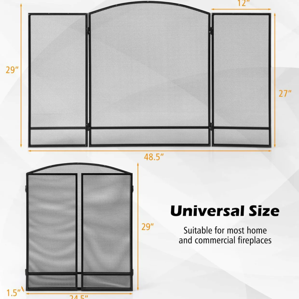 Tangkula 3-Panel Folding Fireplace Screen, Wrought Iron Spark Guard Fence, 48.5