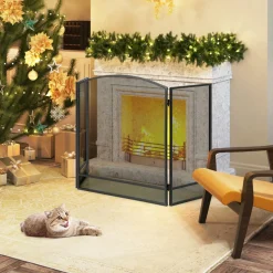 Tangkula 3-Panel Folding Fireplace Screen, Wrought Iron Spark Guard Fence, 48.5
