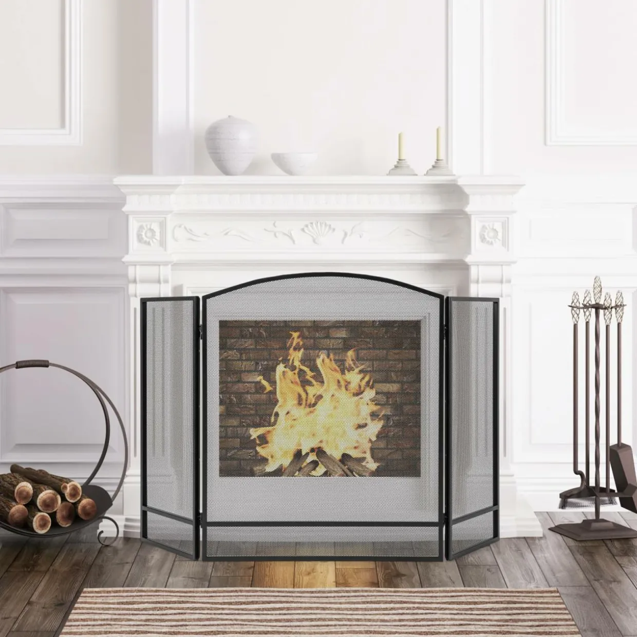 Tangkula 3-Panel Folding Fireplace Screen, Wrought Iron Spark Guard Fence, 48.5