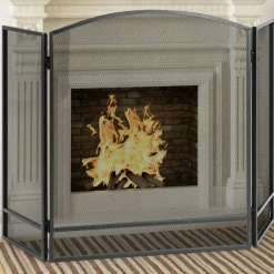 Tangkula 3-Panel Folding Fireplace Screen, Wrought Iron Spark Guard Fence, 48.5