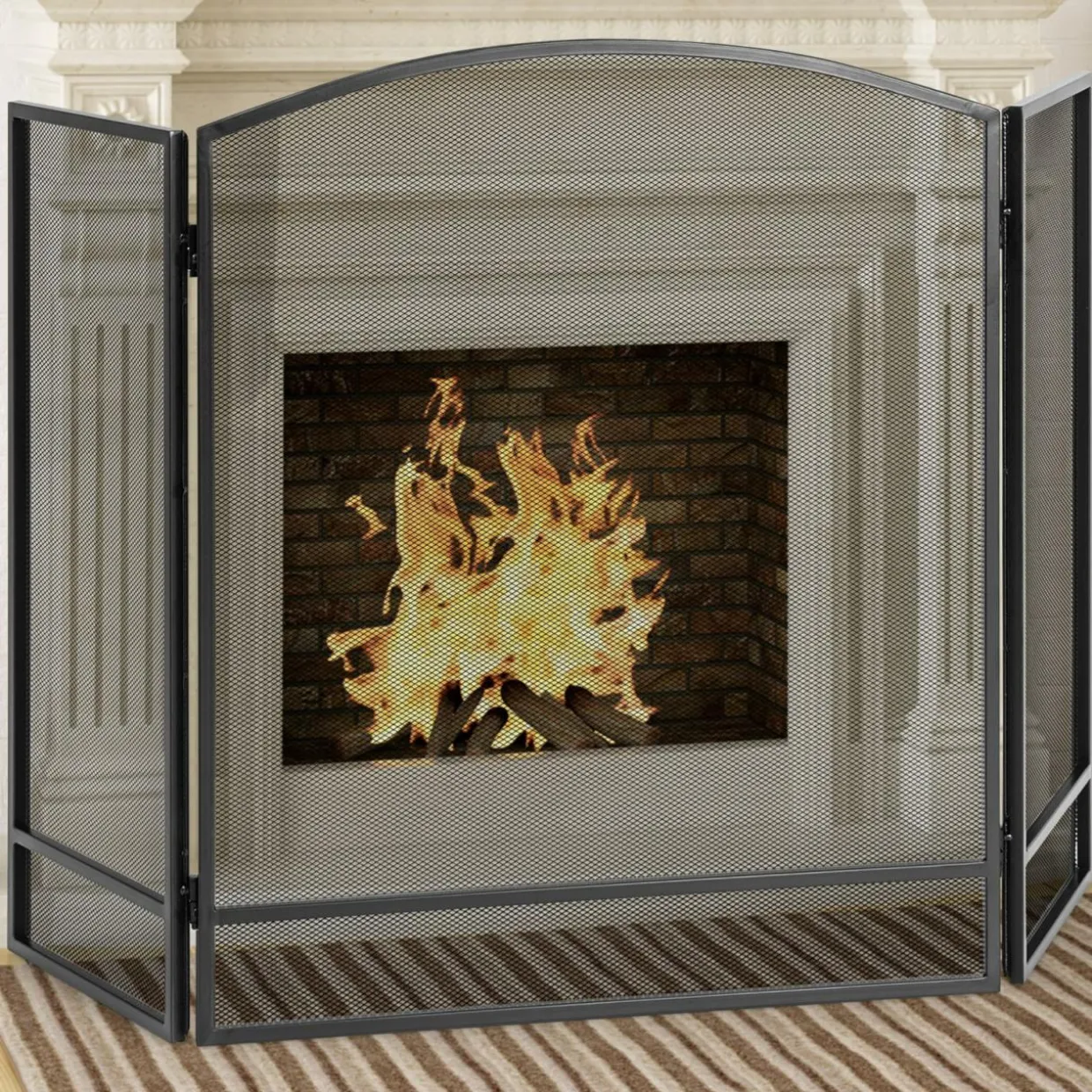 Tangkula 3-Panel Folding Fireplace Screen, Wrought Iron Spark Guard Fence, 48.5