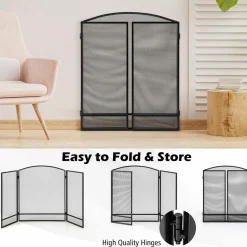 Tangkula 3-Panel Folding Fireplace Screen, Wrought Iron Spark Guard Fence, 48.5