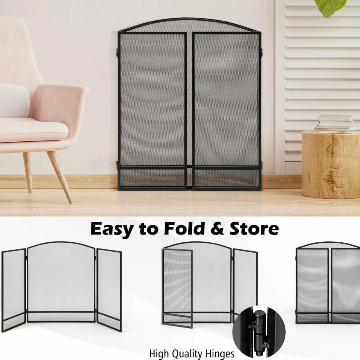 Tangkula 3-Panel Folding Fireplace Screen, Wrought Iron Spark Guard Fence, 48.5