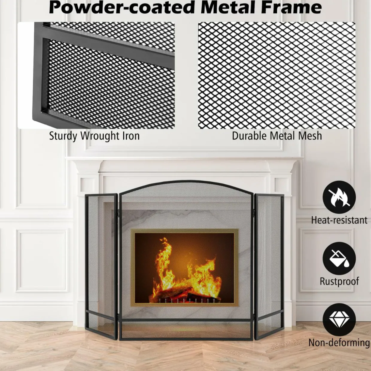 Tangkula 3-Panel Folding Fireplace Screen, Wrought Iron Spark Guard Fence, 48.5