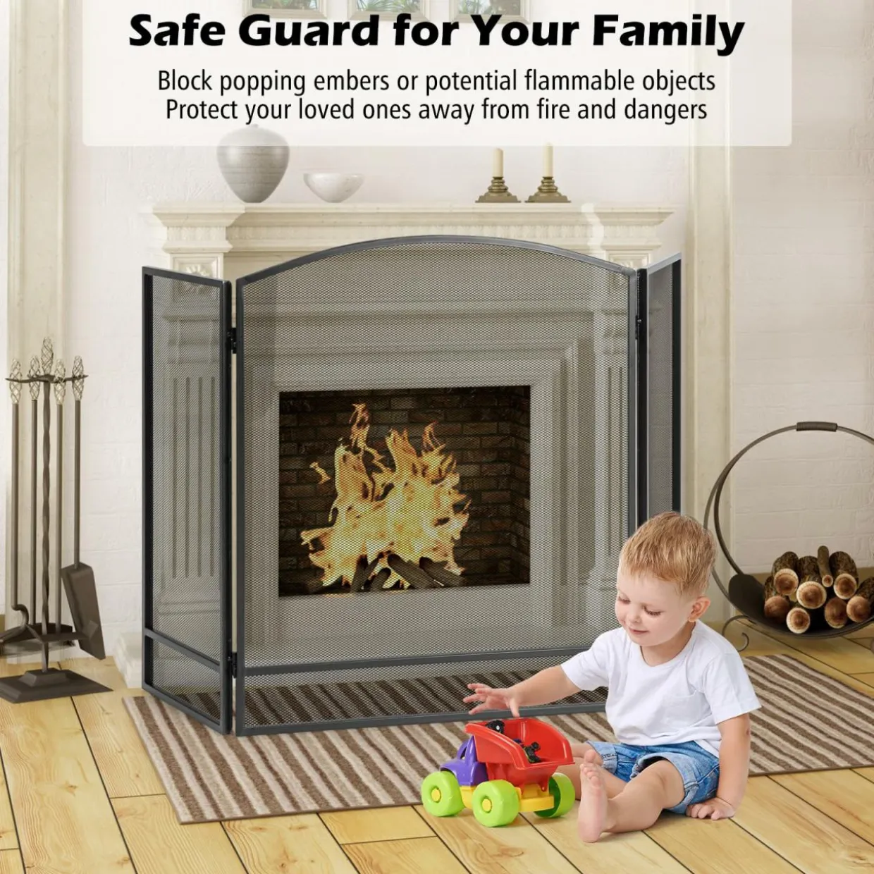 Tangkula 3-Panel Folding Fireplace Screen, Wrought Iron Spark Guard Fence, 48.5