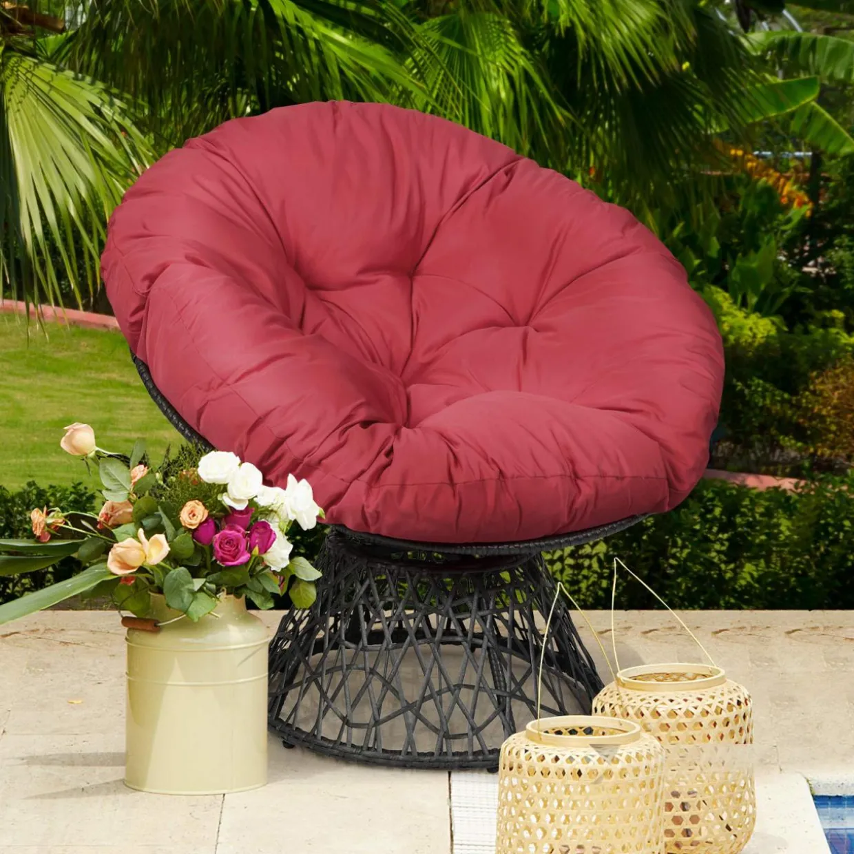 Tangkula Papasan Chair Rattan Ergonomic Chair w/ 360-degree Swivel and Soft Cushion, Solid Structure & Stable Base