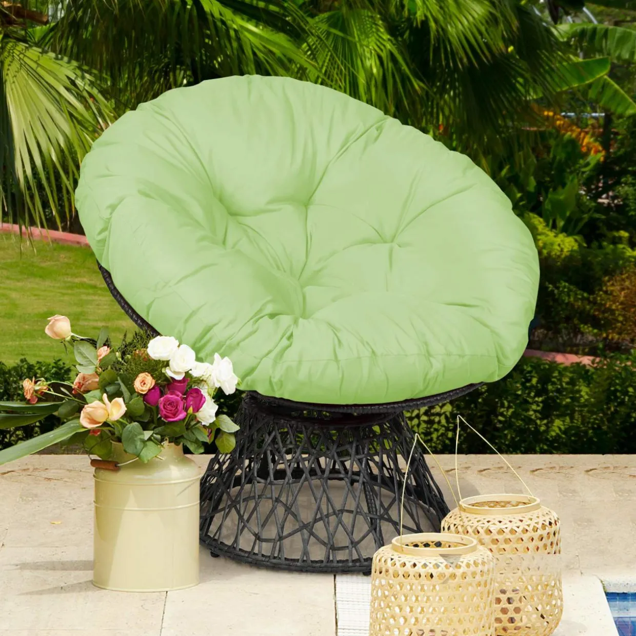 Tangkula Papasan Chair Rattan Ergonomic Chair w/ 360-degree Swivel and Soft Cushion, Solid Structure & Stable Base