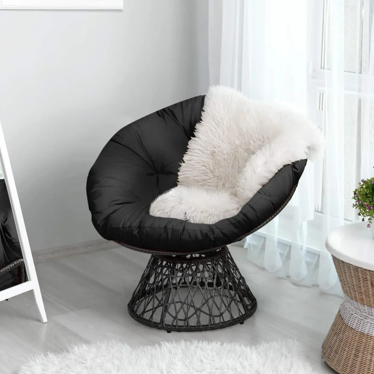 Tangkula Papasan Chair Rattan Ergonomic Chair w/ 360-degree Swivel and Soft Cushion, Solid Structure & Stable Base