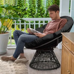 Tangkula Papasan Chair Rattan Ergonomic Chair w/ 360-degree Swivel and Soft Cushion, Solid Structure & Stable Base