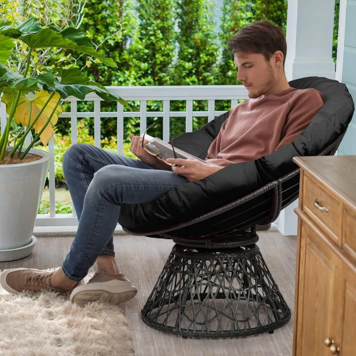 Tangkula Papasan Chair Rattan Ergonomic Chair w/ 360-degree Swivel and Soft Cushion, Solid Structure & Stable Base