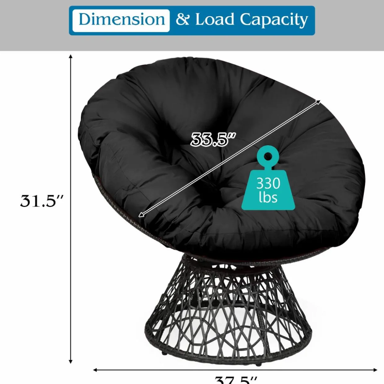 Tangkula Papasan Chair Rattan Ergonomic Chair w/ 360-degree Swivel and Soft Cushion, Solid Structure & Stable Base