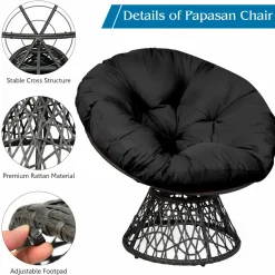 Tangkula Papasan Chair Rattan Ergonomic Chair w/ 360-degree Swivel and Soft Cushion, Solid Structure & Stable Base