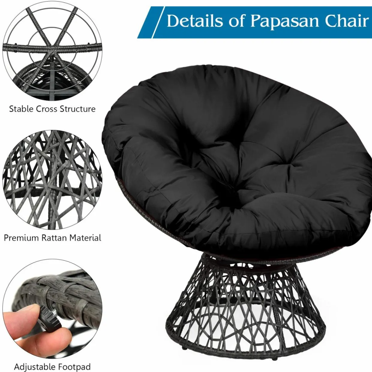 Tangkula Papasan Chair Rattan Ergonomic Chair w/ 360-degree Swivel and Soft Cushion, Solid Structure & Stable Base