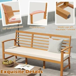 Tangkula Patio 64 Inch Wood Bench, 3-Seat Extra Long Acacia Chair w/Seat Cushion