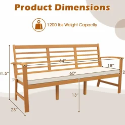 Tangkula Patio 64 Inch Wood Bench, 3-Seat Extra Long Acacia Chair w/Seat Cushion